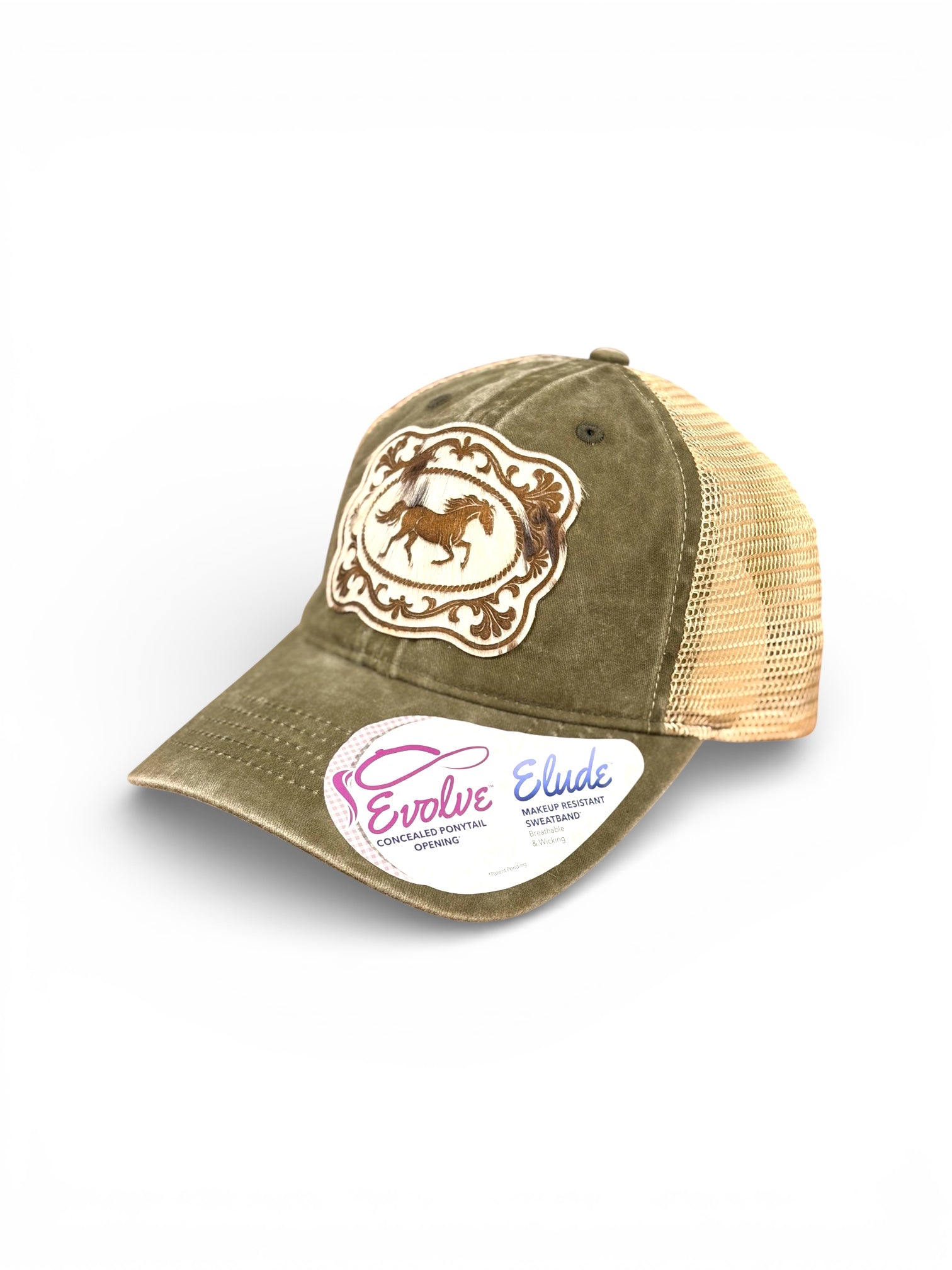 Vintage olive ponytail hat with genuine cowhide horse patch, Western embroidery, and tan mesh back.
