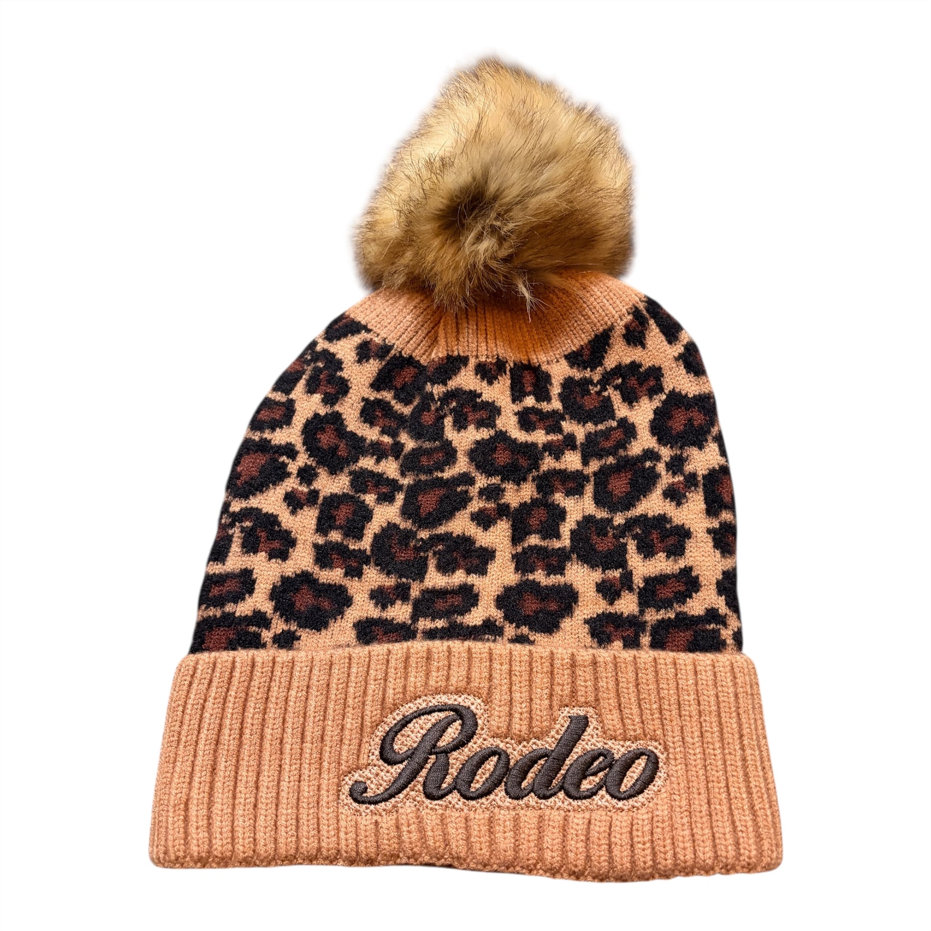 Beanie with leopard print top and 'Rodeo' text on a white background