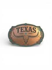 Belt buckle with 'Texas' and longhorn design on a white background