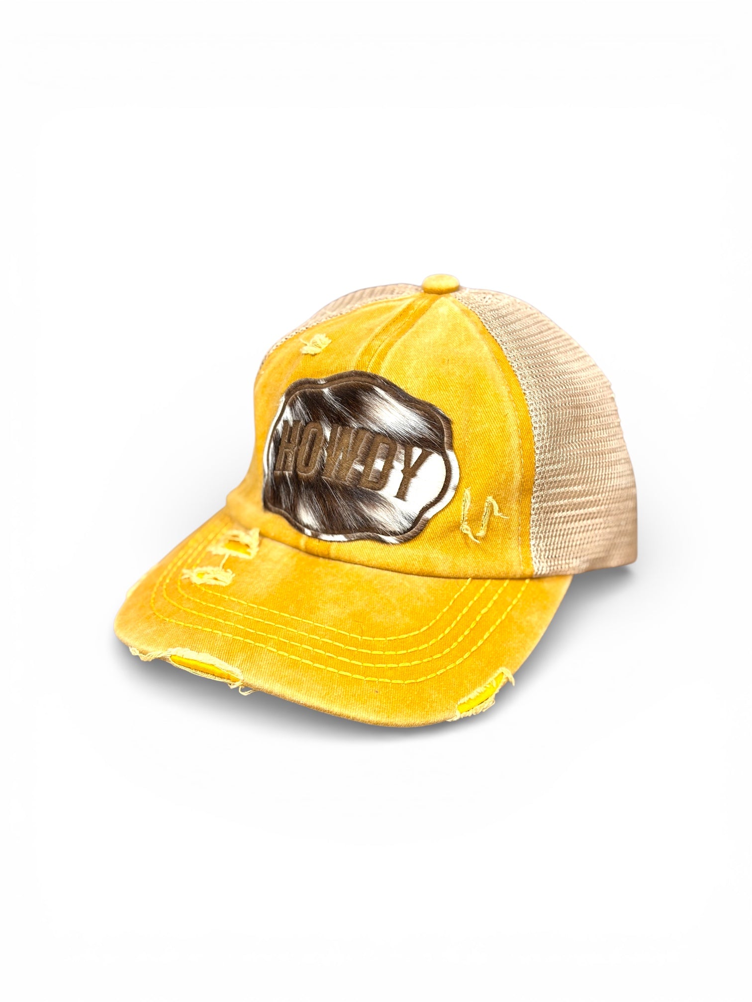 Distressed yellow trucker hat with genuine cowhide HOWDY patch and tan mesh back
