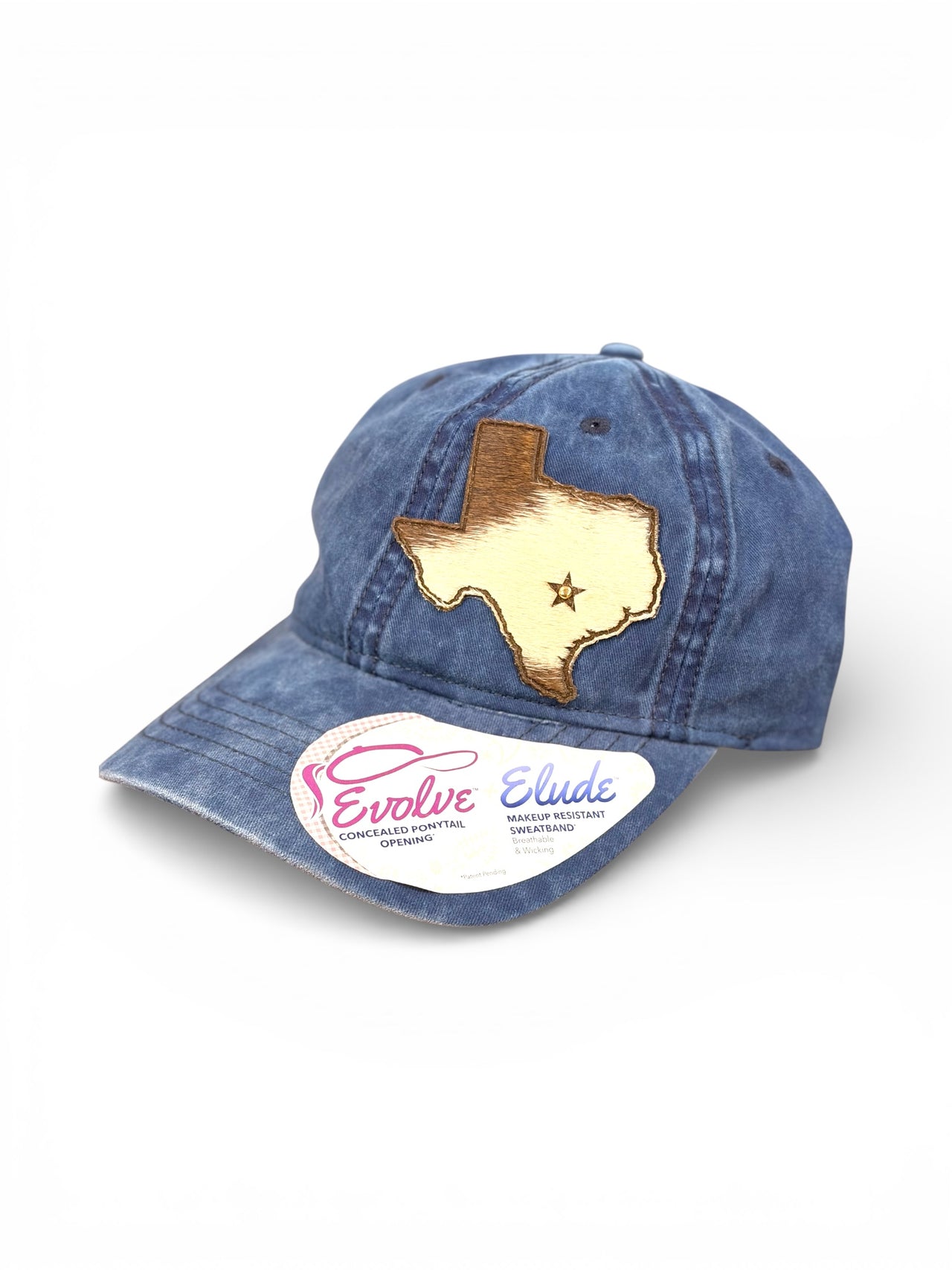 Vintage blue ponytail hat with genuine cowhide Texas patch and star detail, Evolve/Elude design