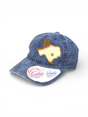 Vintage blue ponytail hat with genuine cowhide Texas patch and star detail, Evolve/Elude design