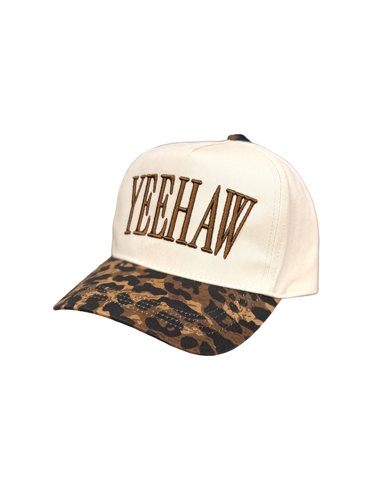 Cream Western hat with raised YEEHAW embroidery and leopard-print bill.